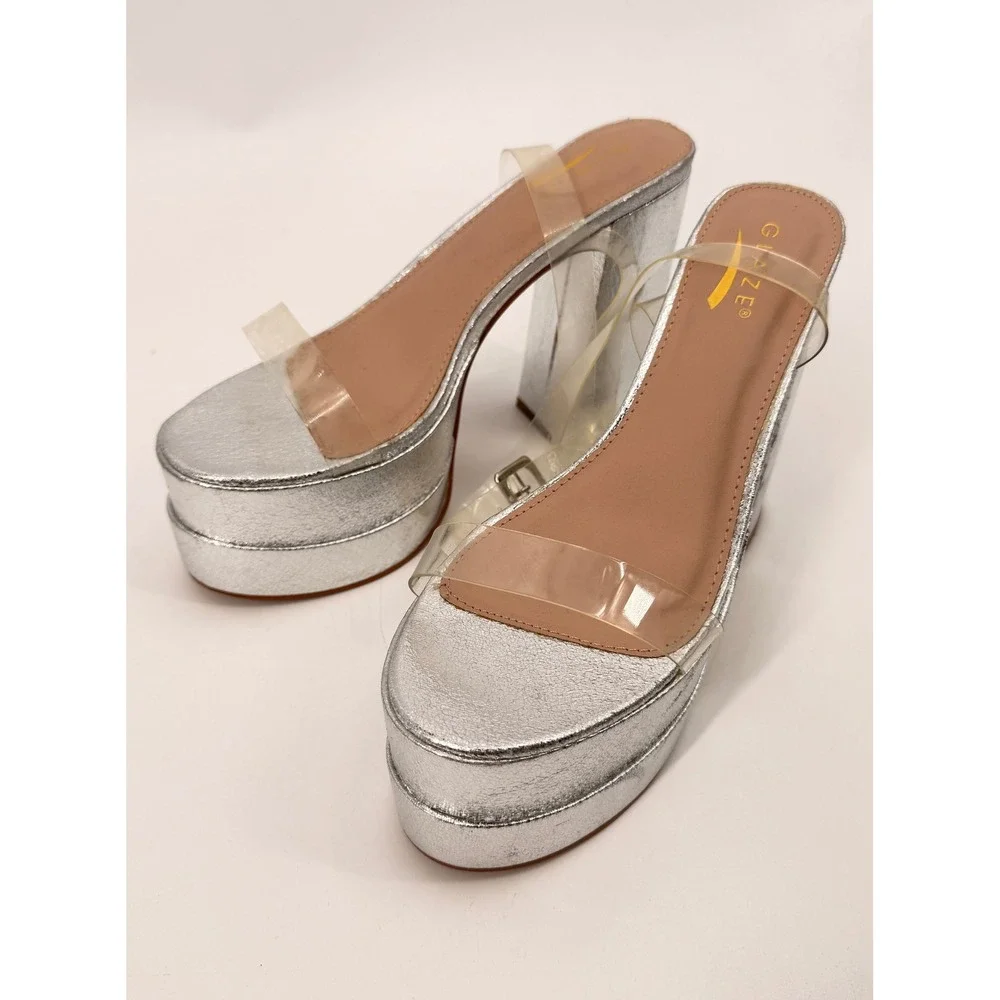 Glaze Platform Sandals Womens Size 7 Silver Metallic Clear Strap Block Heel
